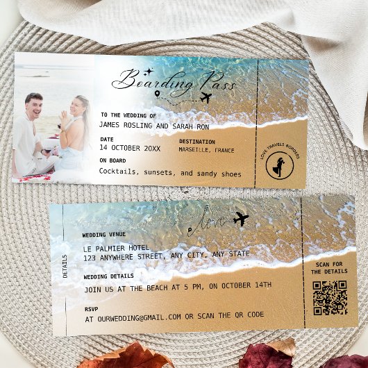 Invitation Beach Boarding Pass Wedding Destination QR code In