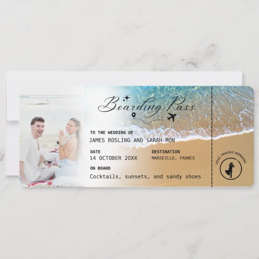 Invitation Beach Boarding Pass Wedding Destination QR code In (Devant)