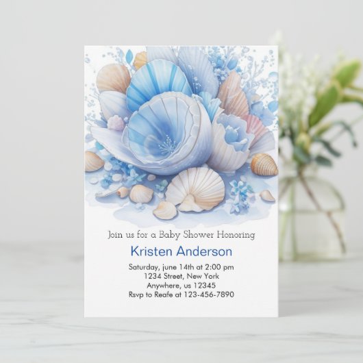 Invitation Beach Boho Seashell Adventure Boy Baby shower (Debout devant)