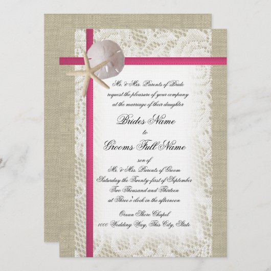 Invitation Beach Burlap et Lace Fuchsia Mariage (Devant / Derrière)