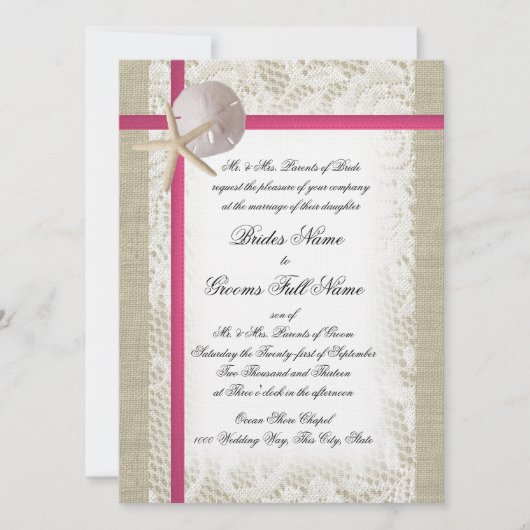 Invitation Beach Burlap et Lace Fuchsia Mariage (Devant)