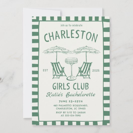 Invitation Beach Coastal Handdraw Green Bachelorette Week-end (Devant)