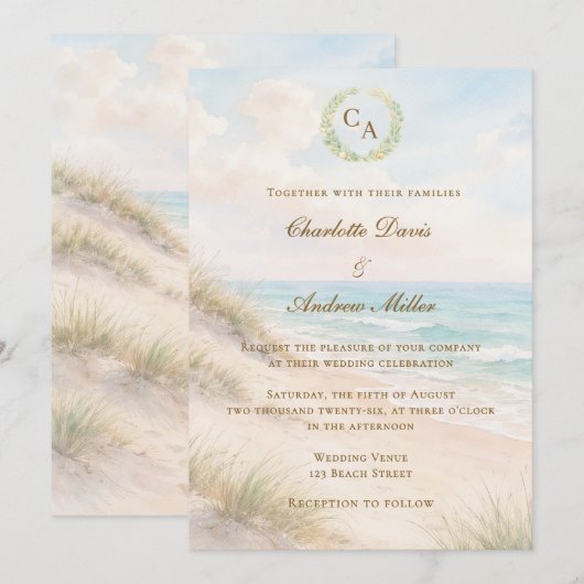 Invitation Beach coastal monogrammed wedding (Devant / Derrière)