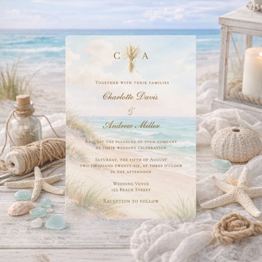 Invitation Beach coastal monogrammed wedding