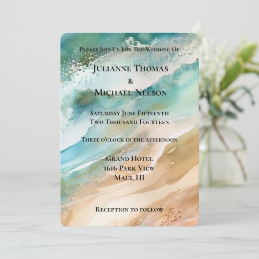 Invitation Beach Cream Aqua Ocean Mariage (Debout devant)
