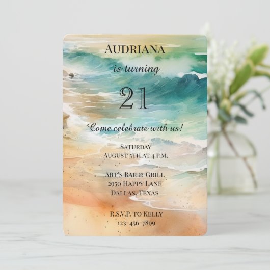 Invitation Beach Cream Turquoise Aqua Ocean Anniversaire (Debout devant)