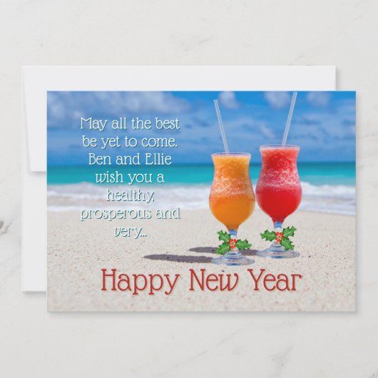 Invitation Beach Drinks Happy New Year Message Cards (Devant)