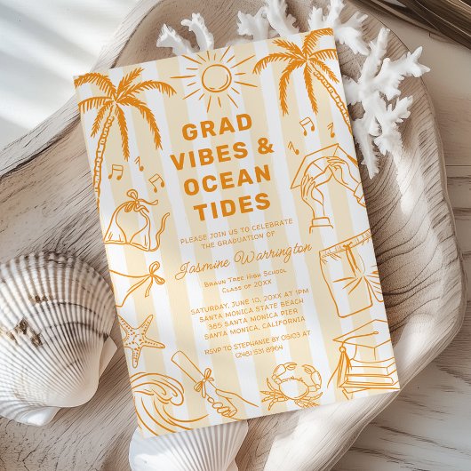 Invitation Beach Grad Vibes Doodle Yellow Graduation