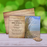 Invitation Beach Grass Dunes de sable Son Anniversaire Fête<br><div class="desc">Modèle d’invitation à la fête d’anniversaire de plage rustique pour un anniversaire d’adulte. Vue sur l'océan à travers les dunes herbeuses est l'image sur la moitié de cette invitation horizontale de fête. Le texte brun foncé est imprimé sur des planches en bois arrière - plan à l'aide de polices modernes....</div>