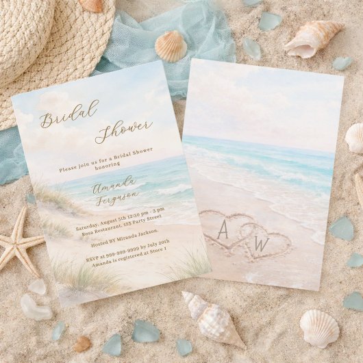 Invitation Beach hearts initials sand Bridal Shower