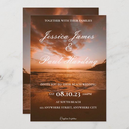 Invitation Beach Night Sunset dans l'Horizon Mariage (Devant / Derrière)