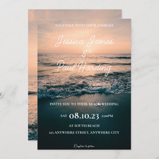 Invitation Beach Night Sunset dans l'Horizon Mariage (Devant / Derrière)