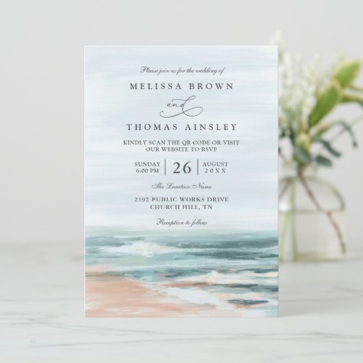 Invitation Beach Ocean Destination Elegant QR Code Wedding (Debout devant)