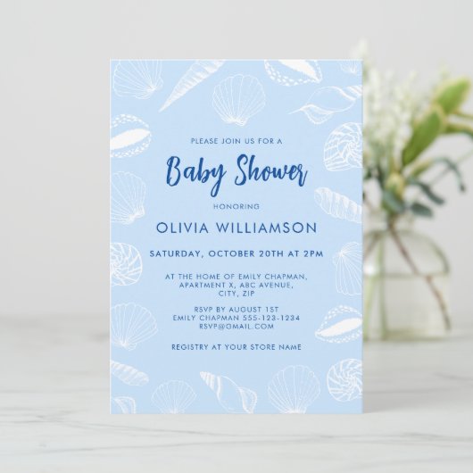 Invitation Beach Ocean Sea Shells Boy Baby shower (Debout devant)