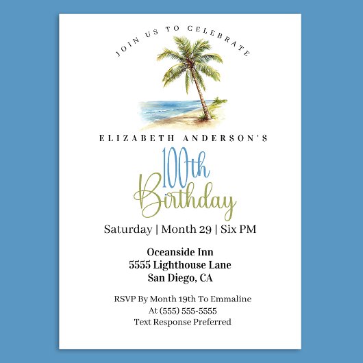 Invitation Beach Palm Tree 100th Birthday