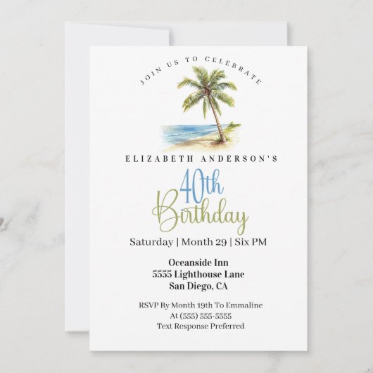 Invitation Beach Palm Tree 40th Birthday (Devant)
