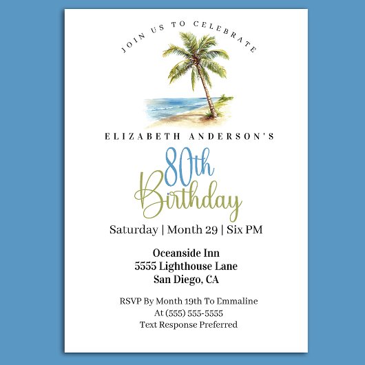 Invitation Beach Palm Tree 80th Birthday