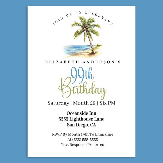 Invitation Beach Palm Tree 99th Birthday