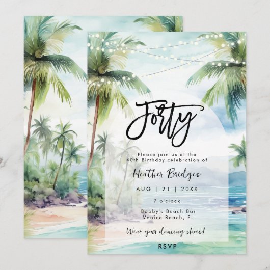 Invitation beach palmiers fête du 40e anniversaire (Devant / Derrière)