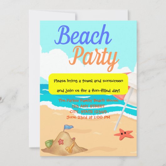 Invitation Beach Party avec Sand Castle & Starfish Party (Devant)