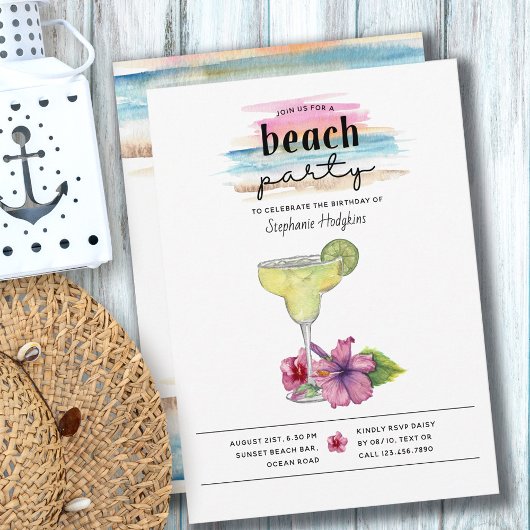 Invitation Beach Party Sunset Margarita et Hibiscus Anniversa