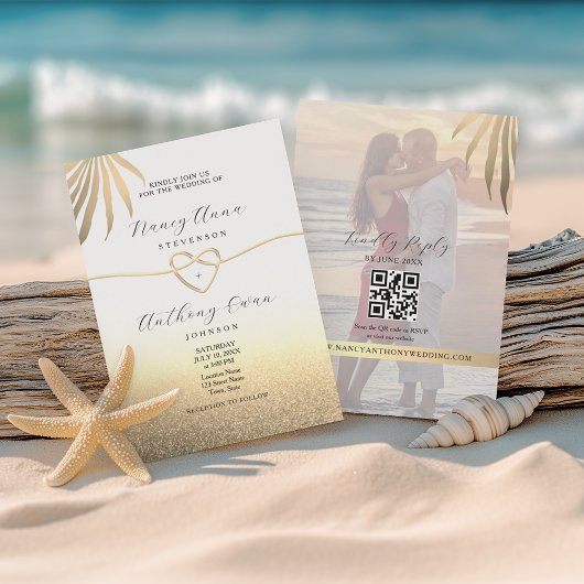Invitation Beach Photo Gold Wedding