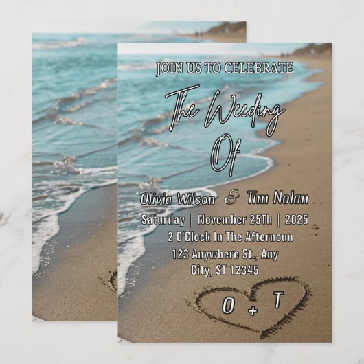 Invitation Beach Sand Hearts Elegant Tropical Modern Wedding (Devant / Derrière)