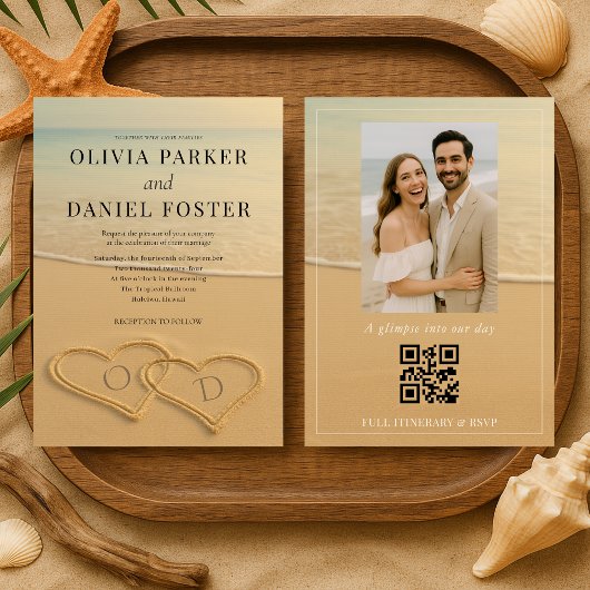 Invitation Beach Sand Hearts Tropical Photo QR Code Wedding 
