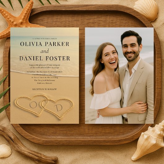 Invitation Beach Sand Hearts Tropical Photo Wedding
