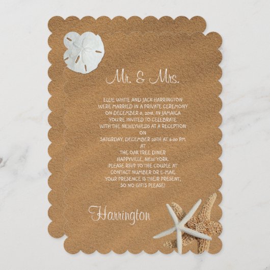 Invitation Beach Sand Seashs Réception Newlysée (Devant / Derrière)