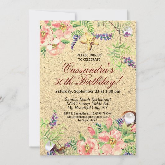 Invitation Beach Sand Shells Aquarelle Floral 50e Anniversair (Devant)