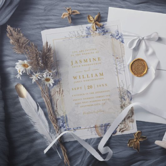 Invitation Beach Sea Shells Elegant Modern QR Code Wedding