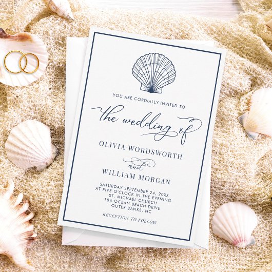 Invitation Beach Seashell Élégant Mariage de la Marine Blanch