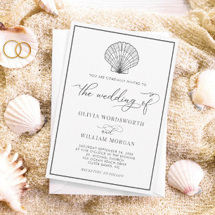Invitation Beach Seashell Élégant Mariage gris foncé
