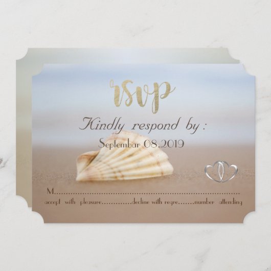 Invitation Beach Seashell, Hearts RSVP (Devant / Derrière)