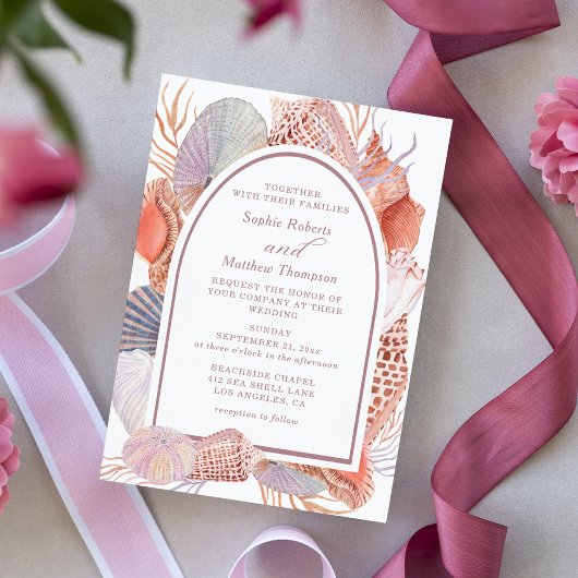 Invitation Beach Seashells Aquarelle Côte Chic Mariage