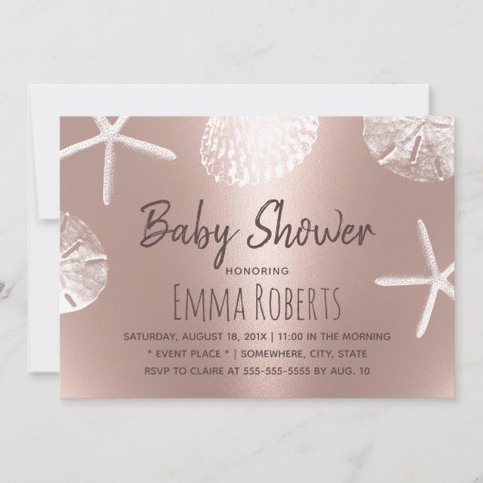Invitation Beach Seashs Moderne Blush Rose Baby shower Or (Devant)