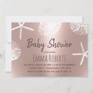 Invitation Beach Seashs Moderne Blush Rose Baby shower Or