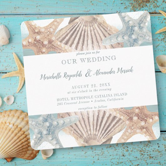 Invitation Beach Starfish Seashell Carré Mariage