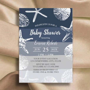 Invitation Beach Starfish & Seashs Marine Baby shower bleu
