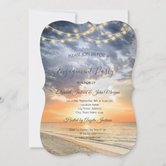 Invitation Beach Sunrise String Lights Fiançailles (Devant)