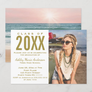 Invitation Beach Sunset Pink Gold Graduation Party avec photo