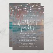 Invitation Beach Sunset String Lights Dusk Birthday Party (Devant / Derrière)
