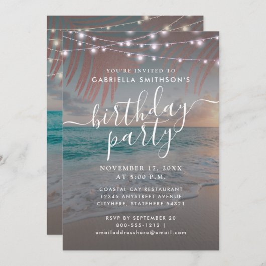 Invitation Beach Sunset String Lights Dusk Birthday Party (Devant / Derrière)