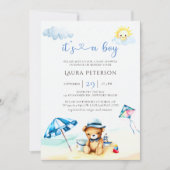 Invitation Beach Teddy Bear Sun Watercolor Boy Baby shower (Devant)