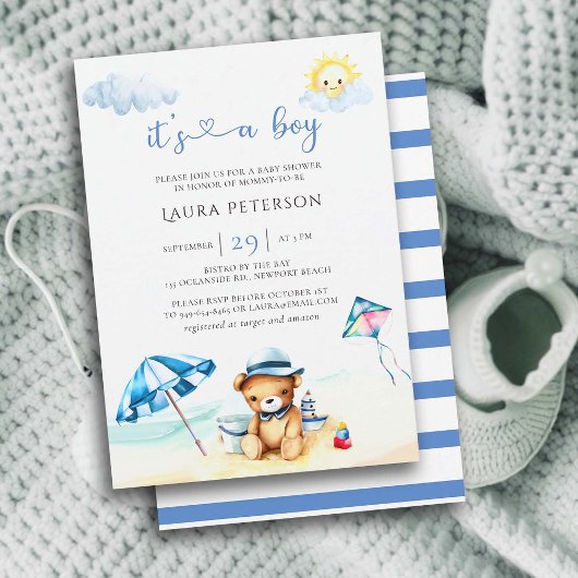 Invitation Beach Teddy Bear Sun Watercolor Boy Baby shower