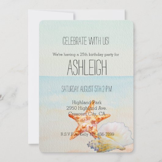 Invitation Beach Tropical avec Starfish et Conch anniversaire (Devant)