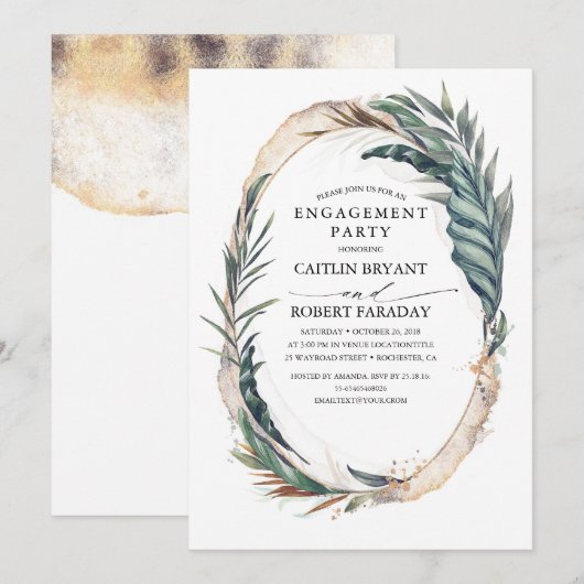 Invitation Beach Tropical Palm Feuilles Gold Engagement Party (Devant / Derrière)