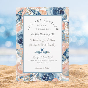 Invitation Beach Watercolor Shell Rose Floral Blue Mariage
