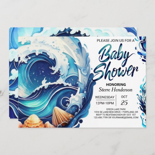 Invitation Beach Waves Baby shower chic (Devant / Derrière)